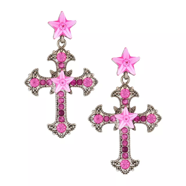 Silvertone and Pink Star Bling Cross Dangle Earrings at Spencer's