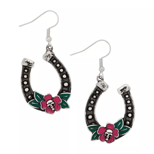 Skull Flower Horseshoe Dangle Earrings at Spencer's