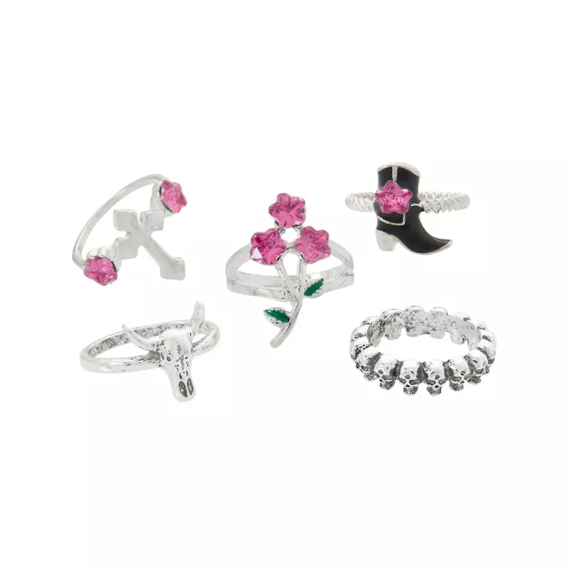 Multi-Pack Silver and Pink Western Rings - 5 Pack at Spencer's