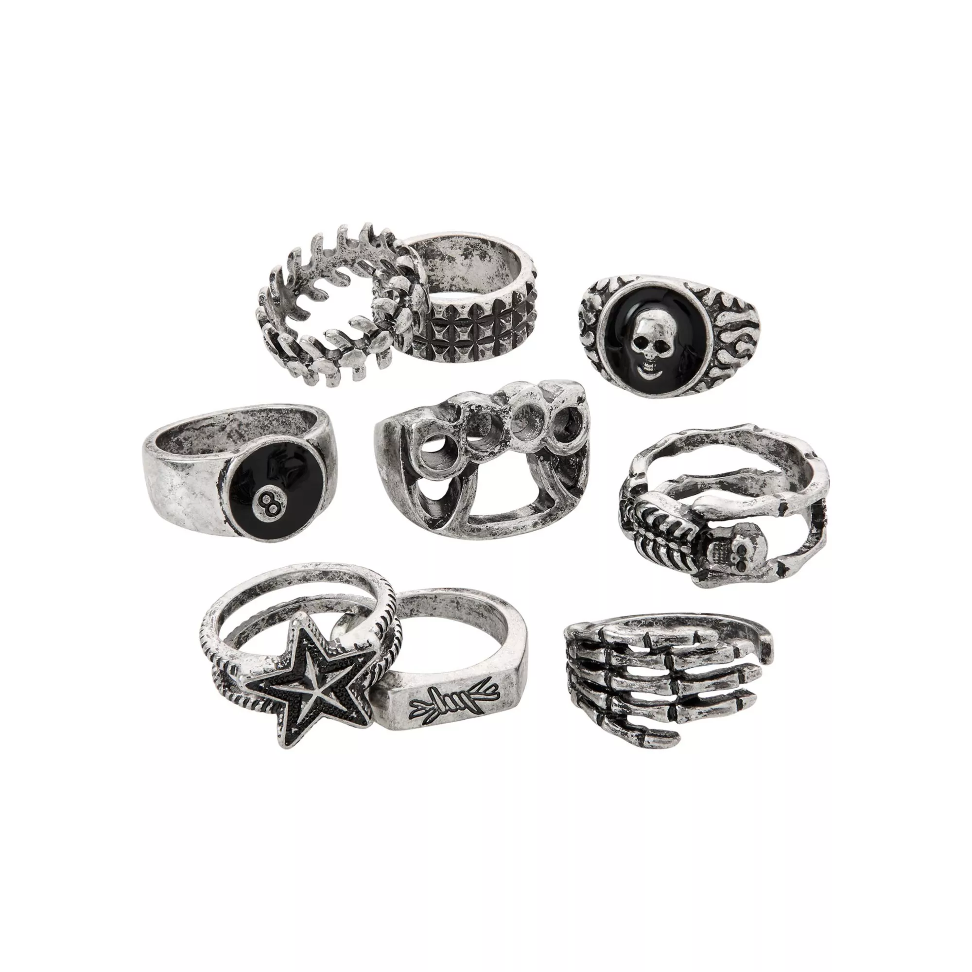 Multi-Pack Skull 8 Ball Star Assorted Rings - 9 Pack at Spencer's