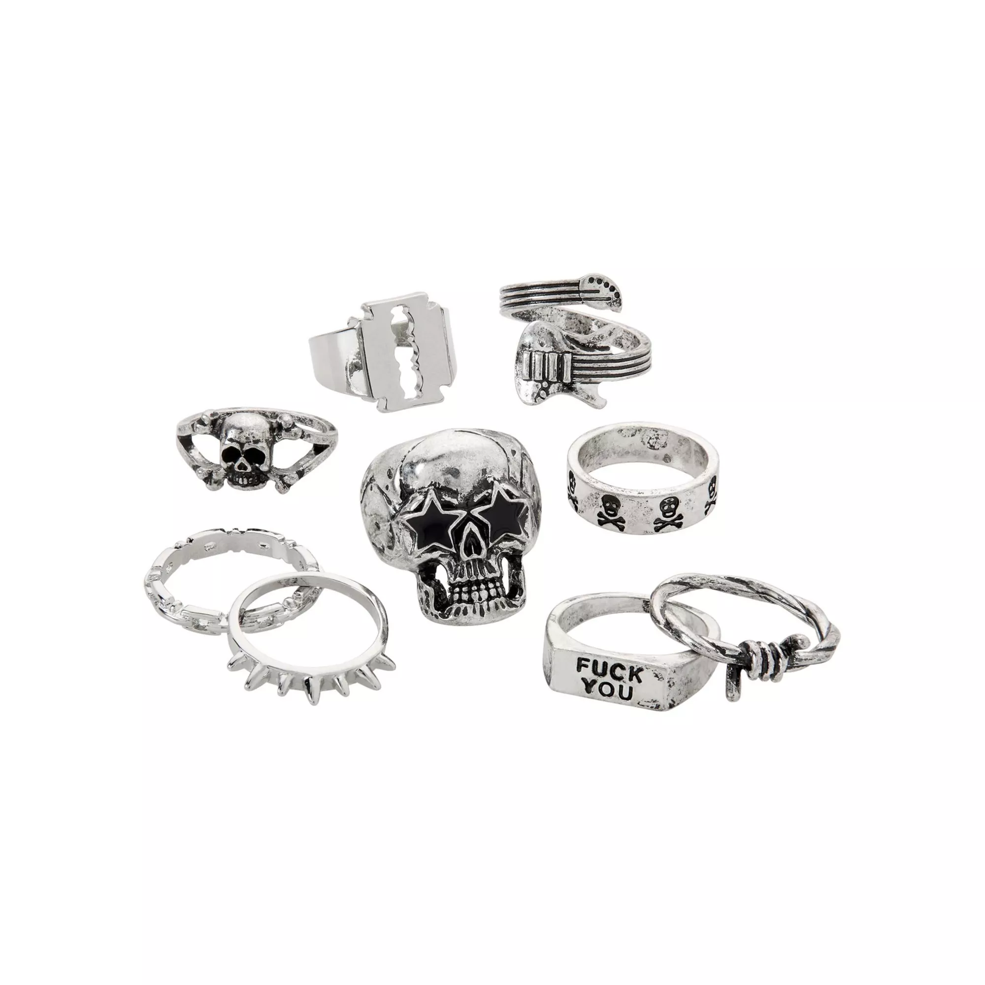 Multi-Pack Silvertone Fuck You and Skulls and Spikes Rings - 9 Pack at Spencer's