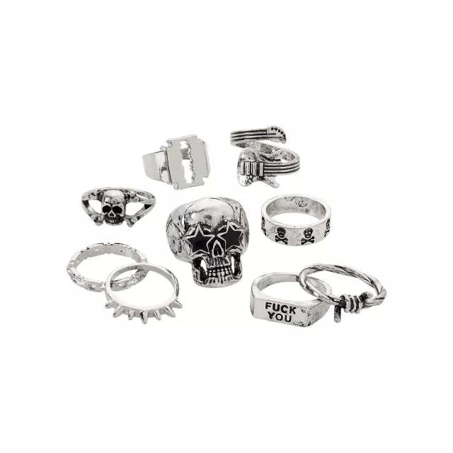 Multi-Pack Silvertone Fuck You and Skulls and Spikes Rings - 9 Pack at Spencer's