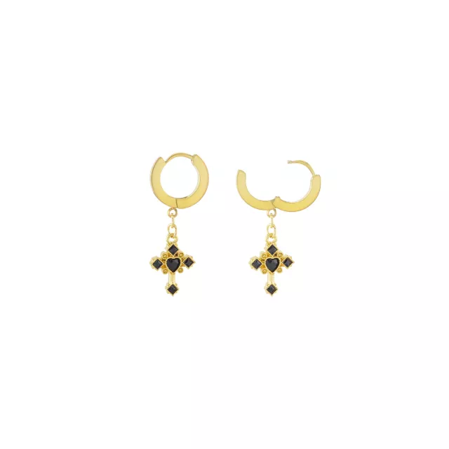Black and Goldtone Cross Dangle Huggie Hoop Earrings at Spencer's