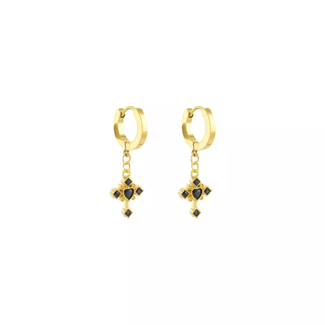 Black and Goldtone Cross Dangle Huggie Hoop Earrings at Spencer's