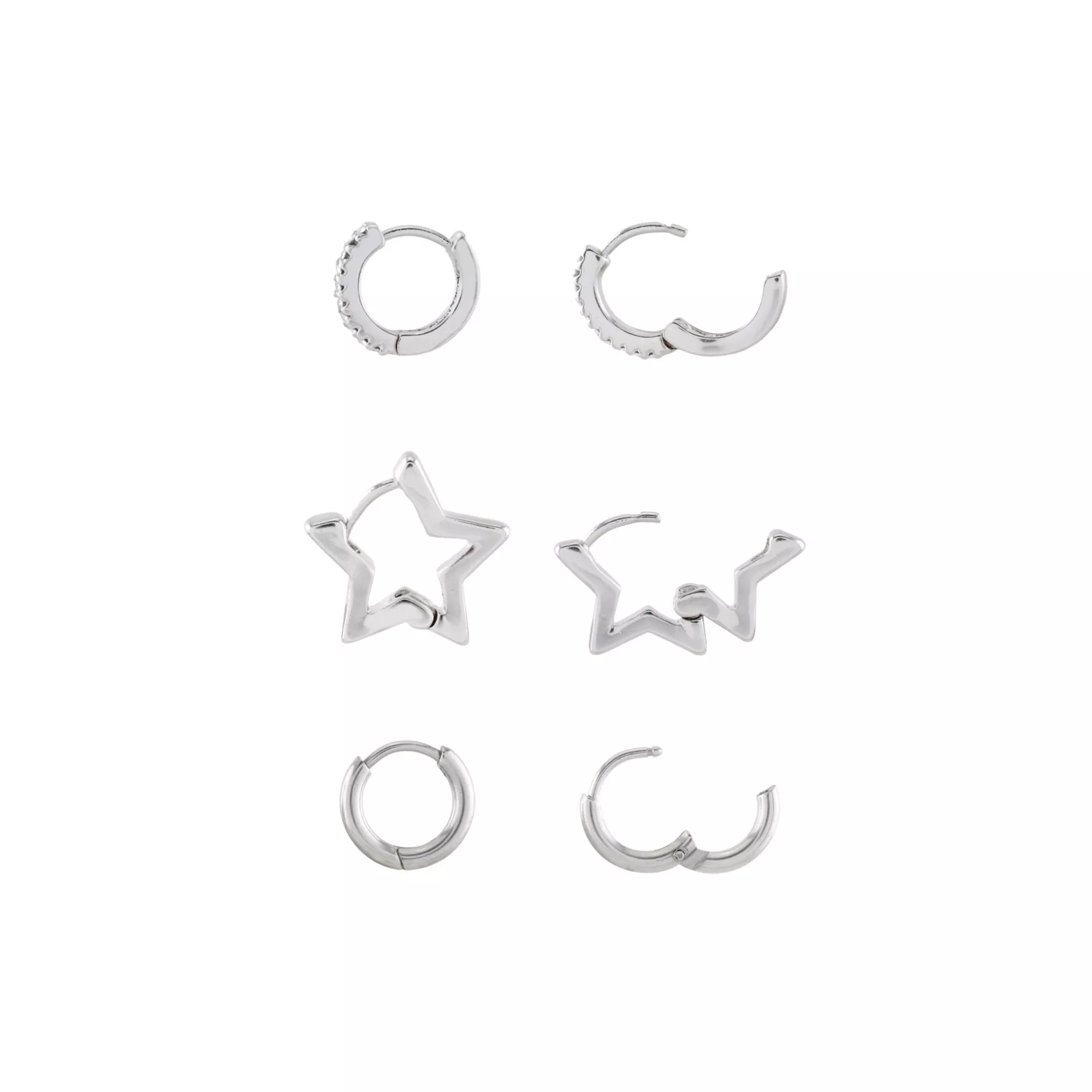 Multi-Pack Silvertone Star Hoops 3 Pair - 18 Gauge at Spencer's