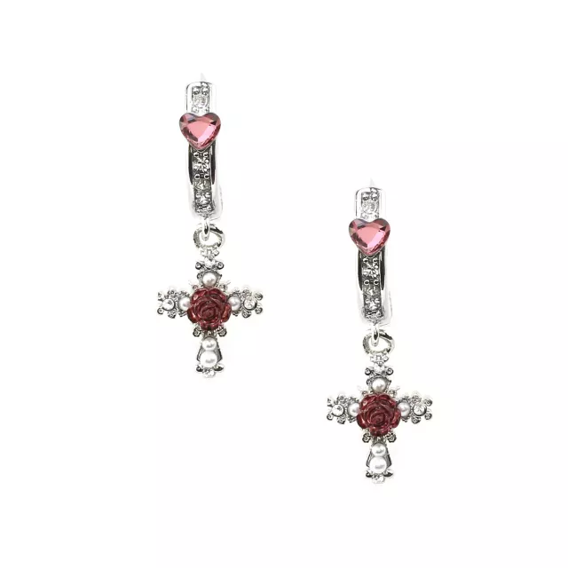 Cross Rose Dangle Huggie Hoop Earrings - 18 Gauge at Spencer's
