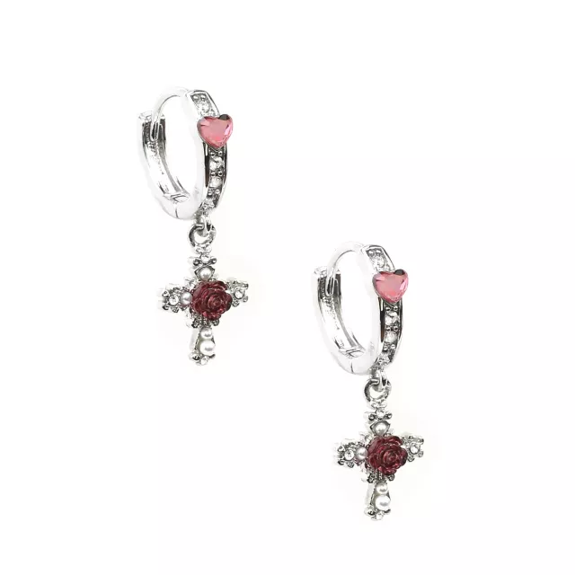 Cross Rose Dangle Huggie Hoop Earrings - 18 Gauge at Spencer's
