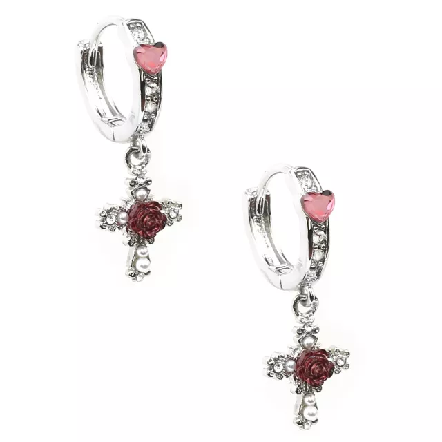 Cross Rose Dangle Huggie Hoop Earrings - 18 Gauge at Spencer's