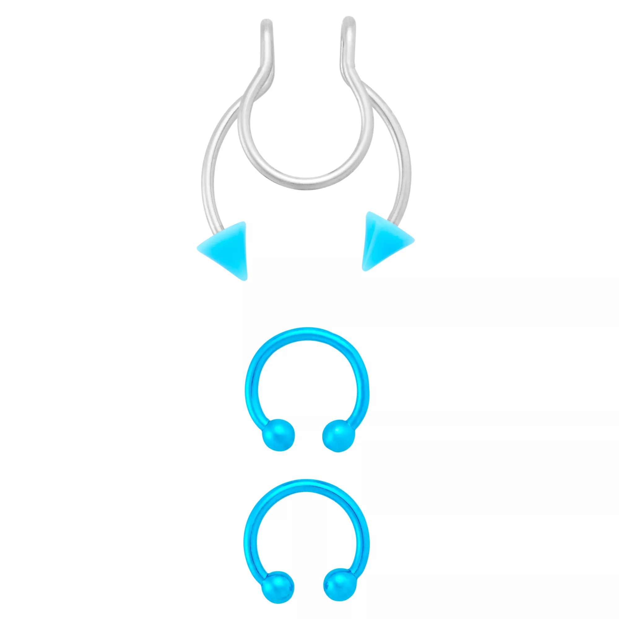 Kayla Malecc Multi-Pack Titanium Neon Blue Horseshoe Rings and Fake Horseshoe Septum Ring - 3 Pack at Spencer's