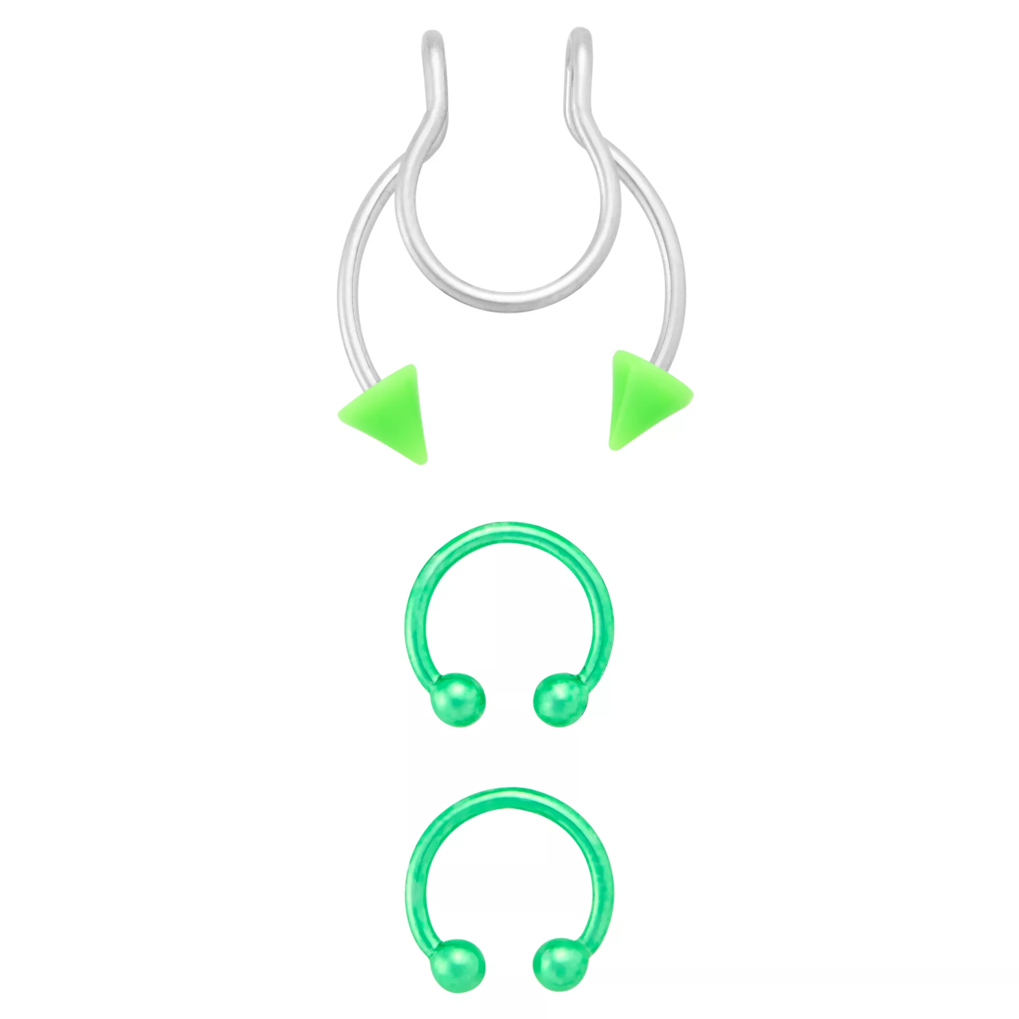 Kayla Malecc Multi-Pack Titanium Neon Green Horseshoe Rings and Fake Horseshoe Septum Ring - 3 Pack at Spencer's