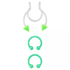 Kayla Malecc Multi-Pack Titanium Neon Green Horseshoe Rings and Fake Horseshoe Septum Ring - 3 Pack at Spencer's