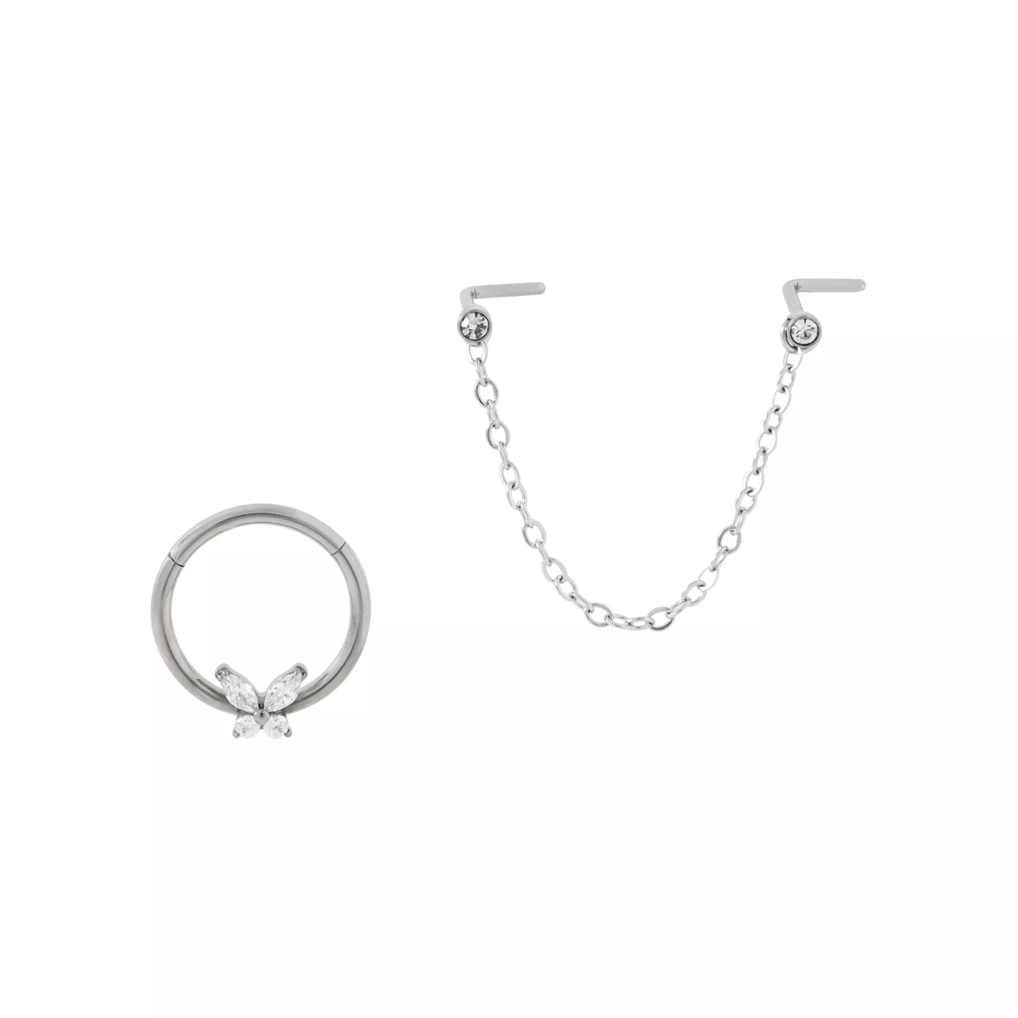 Kayla Malecc Multi-Pack Titanium Butterfly Septum Ring and L-Bend Nose Chain - 2 Pack at Spencer's