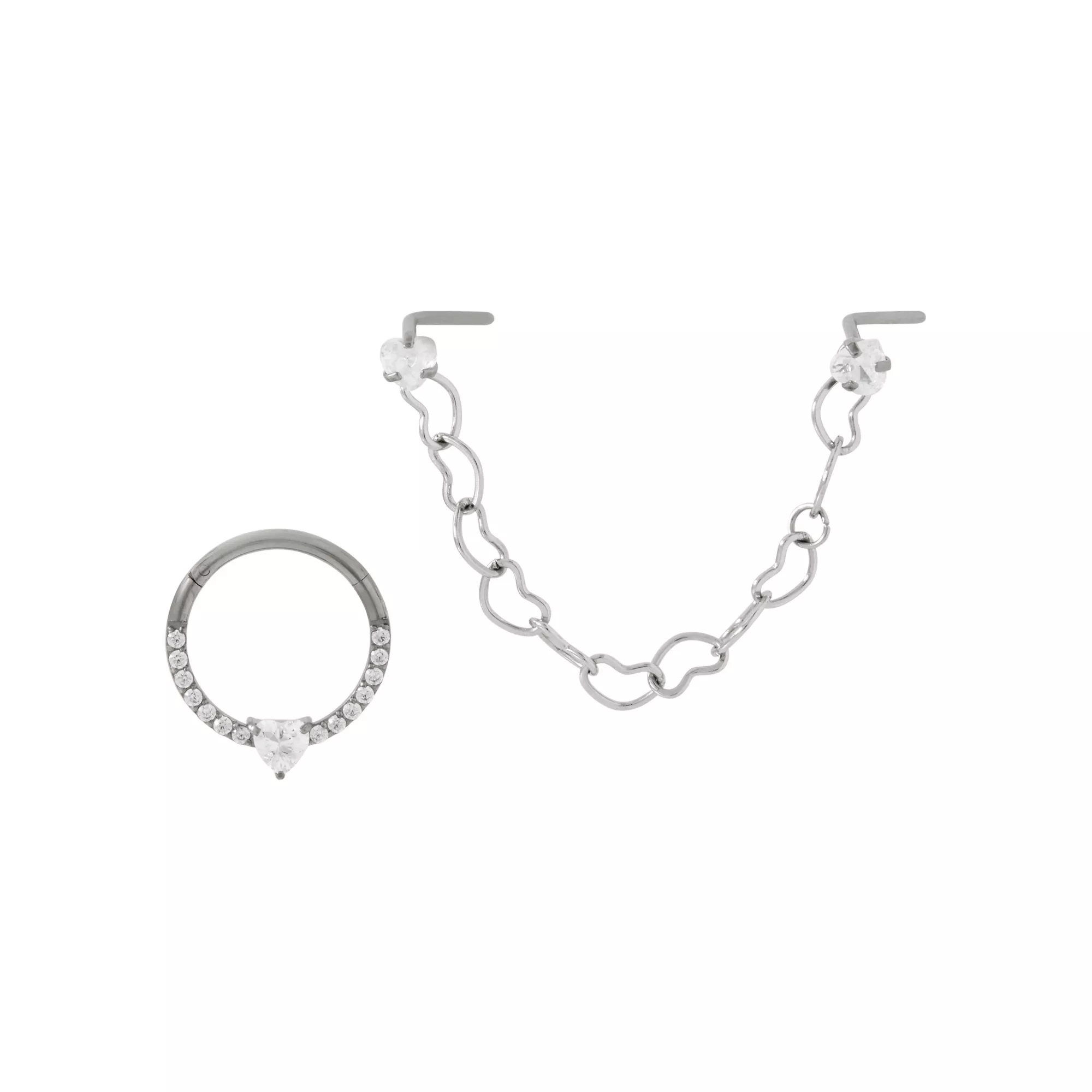 Kayla Malecc Multi-Pack Titanium Heart Septum Ring and Dangle Chain L-Bend Nose Ring - 2 Pack at Spencer's