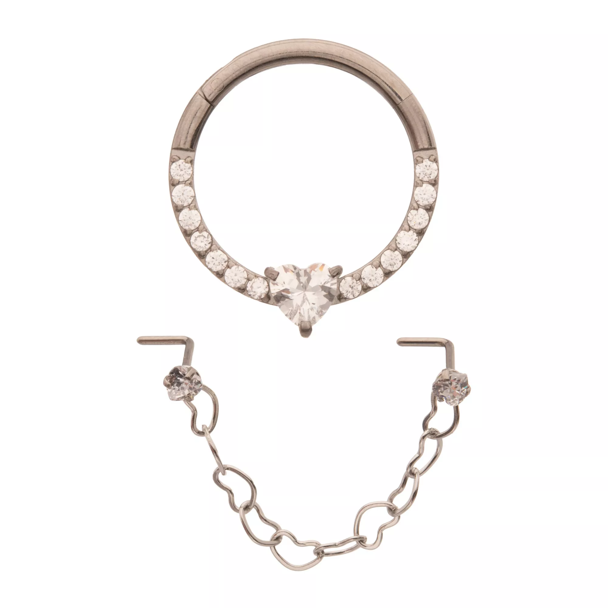 Kayla Malecc Multi-Pack Titanium Heart Septum Ring and Dangle Chain L-Bend Nose Ring - 2 Pack at Spencer's