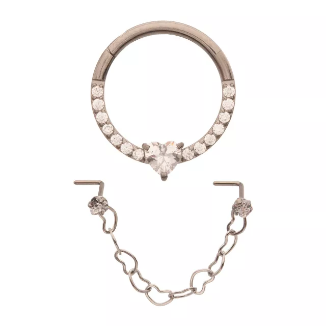 Kayla Malecc Multi-Pack Titanium Heart Septum Ring and Dangle Chain L-Bend Nose Ring 2 Pack - 20-16 Gauge at Spencer's