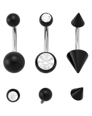 Kayla Malecc Multi-Pack Titanium Black Belly Rings with Black Ends and Extra Ends 3 Pack - 14 Gauge