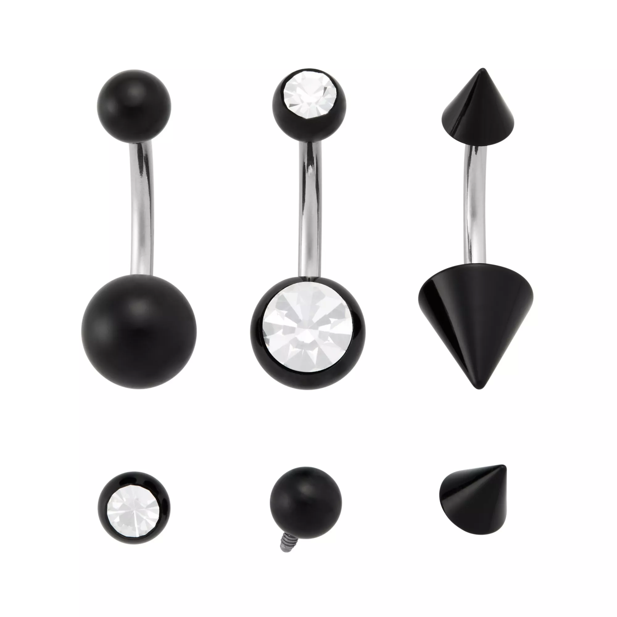 Kayla Malecc Multi-Pack Titanium Black Belly Rings with Black Ends and Extra Ends 3 Pack - 14 Gauge at Spencer's