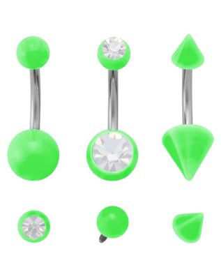 Kayla Malecc Multi-Pack Titanium Neon Green Belly Rings with Green Ends and Extra Ends 3 Pack - 14 Gauge