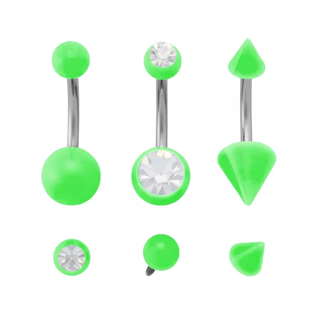 Kayla Malecc Multi-Pack Titanium Neon Green Belly Rings with Green Ends and Extra Ends 3 Pack - 14 Gauge at Spencer's