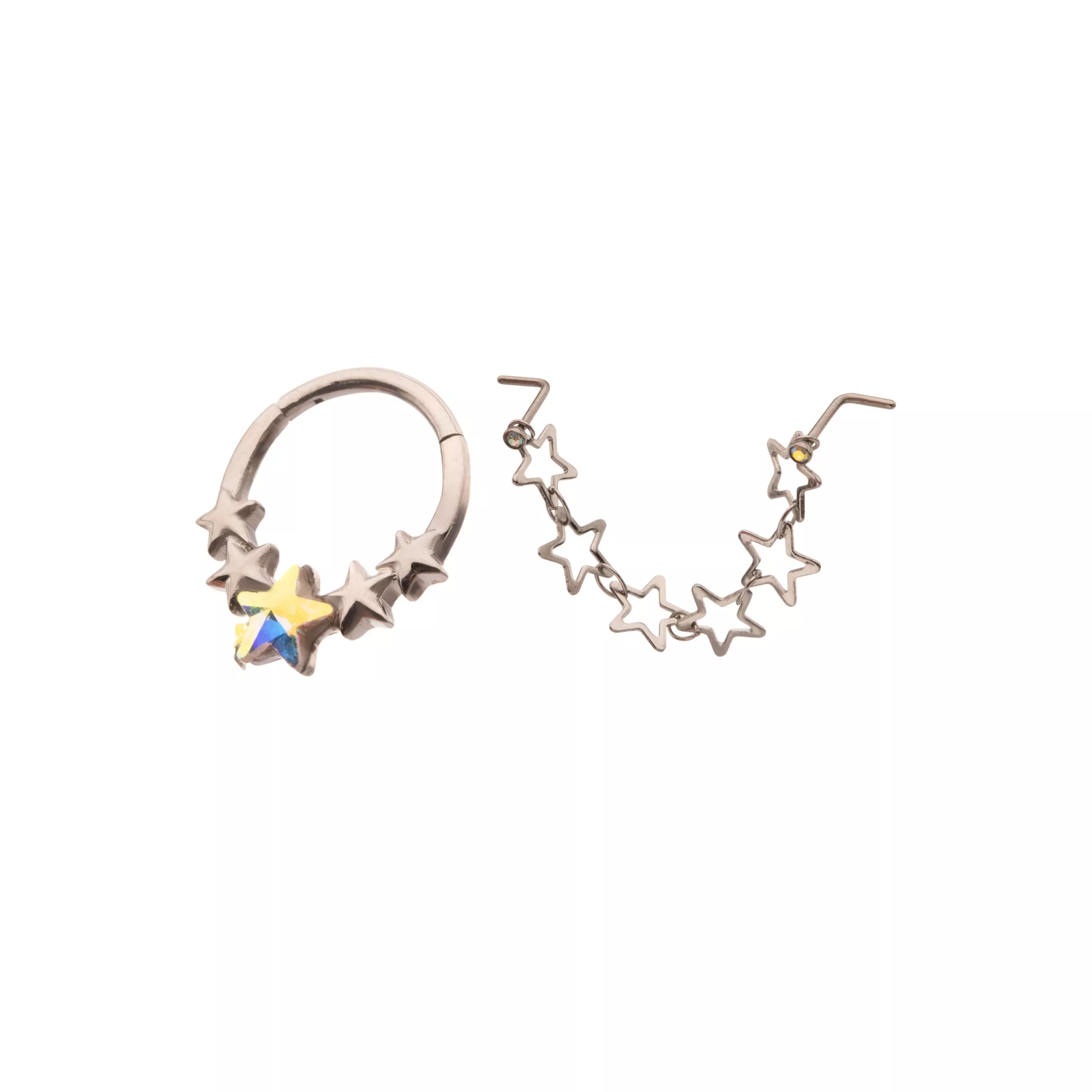 Kayla Malecc Multi-Pack Titanium Seamless Star Septum Ring and L-Bend Star Chain Nose Ring - 2 Pack at Spencer's