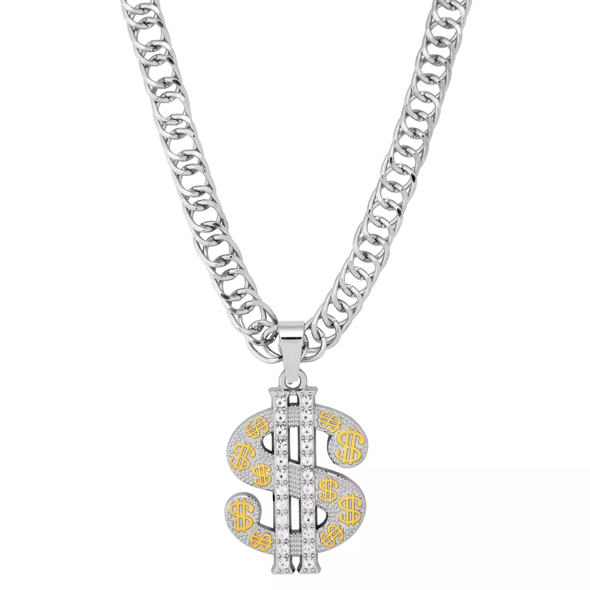 Silver Dollar Sign Bling Chain Necklace