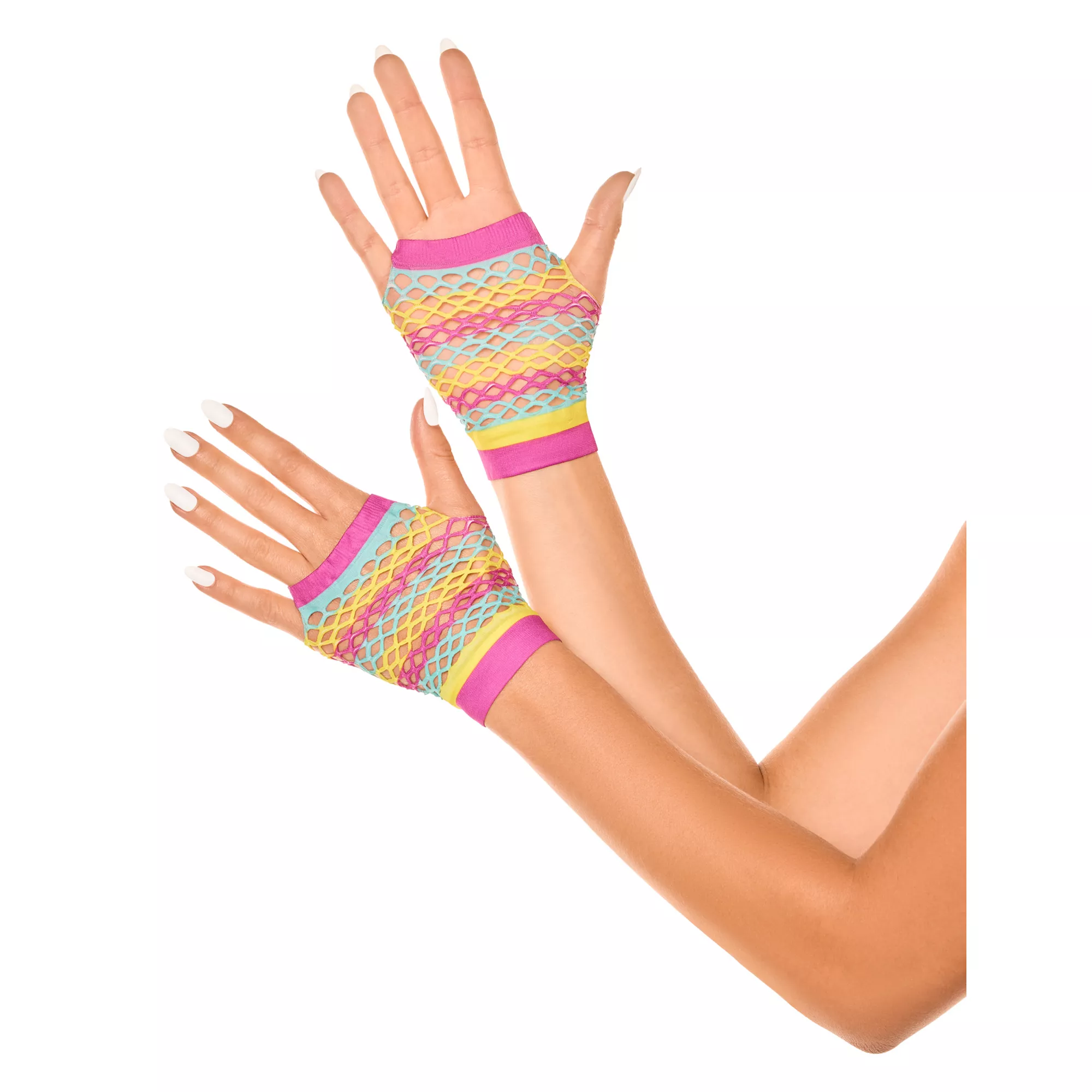 Multicolor Striped Fishnet Fingerless Gloves at Spencer's