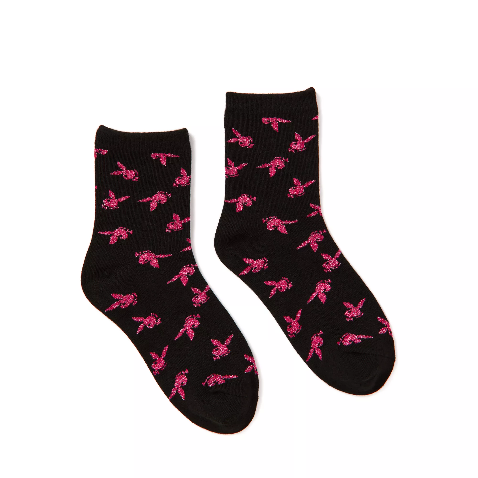 Black and Pink Playboy Bunny Print Crew Socks at Spencer's