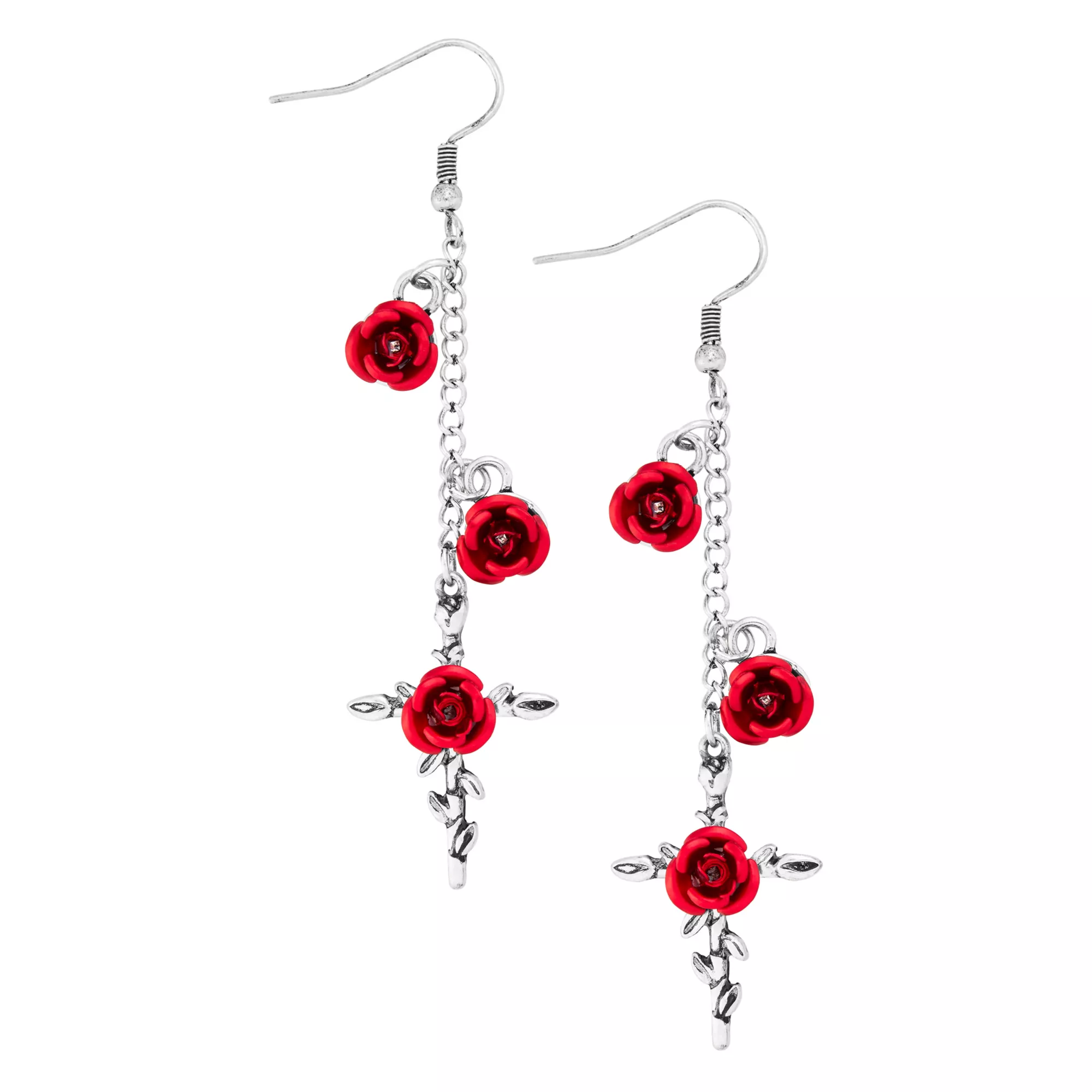 Red Roses Silvertone Cross Dangle Earrings
