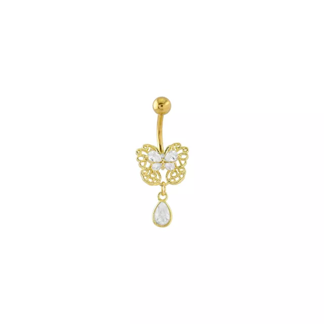 Goldtone CZ Dainty Butterfly Dangle Belly Ring - 14 Gauge