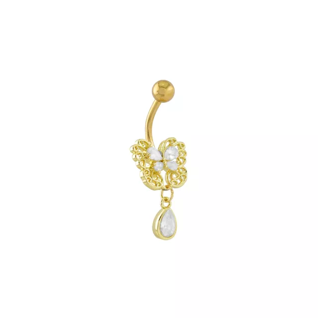 Goldtone CZ Dainty Butterfly Dangle Belly Ring - 14 Gauge