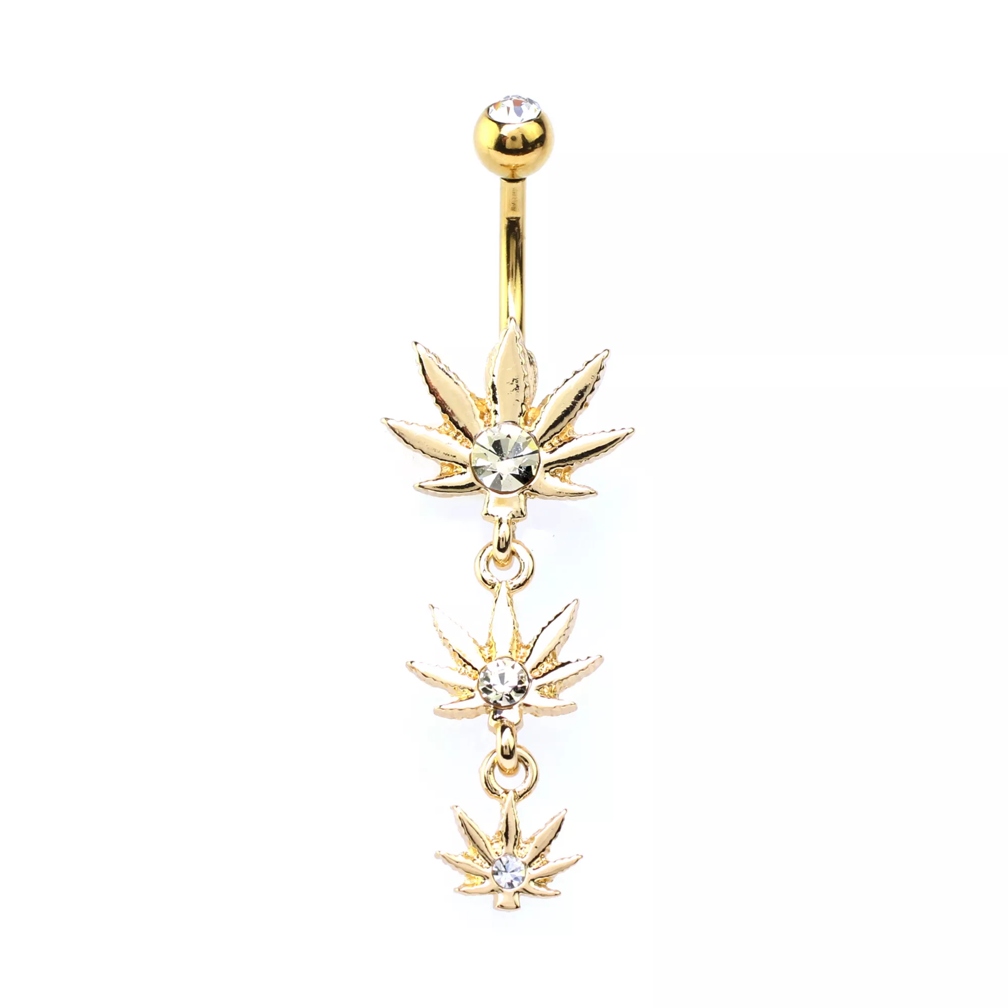 CZ Goldtone Weed Leaf Dangle Belly Ring - 14 Gauge