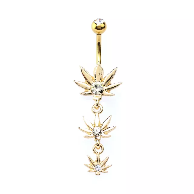 CZ Goldtone Weed Leaf Dangle Belly Ring - 14 Gauge at Spencer's