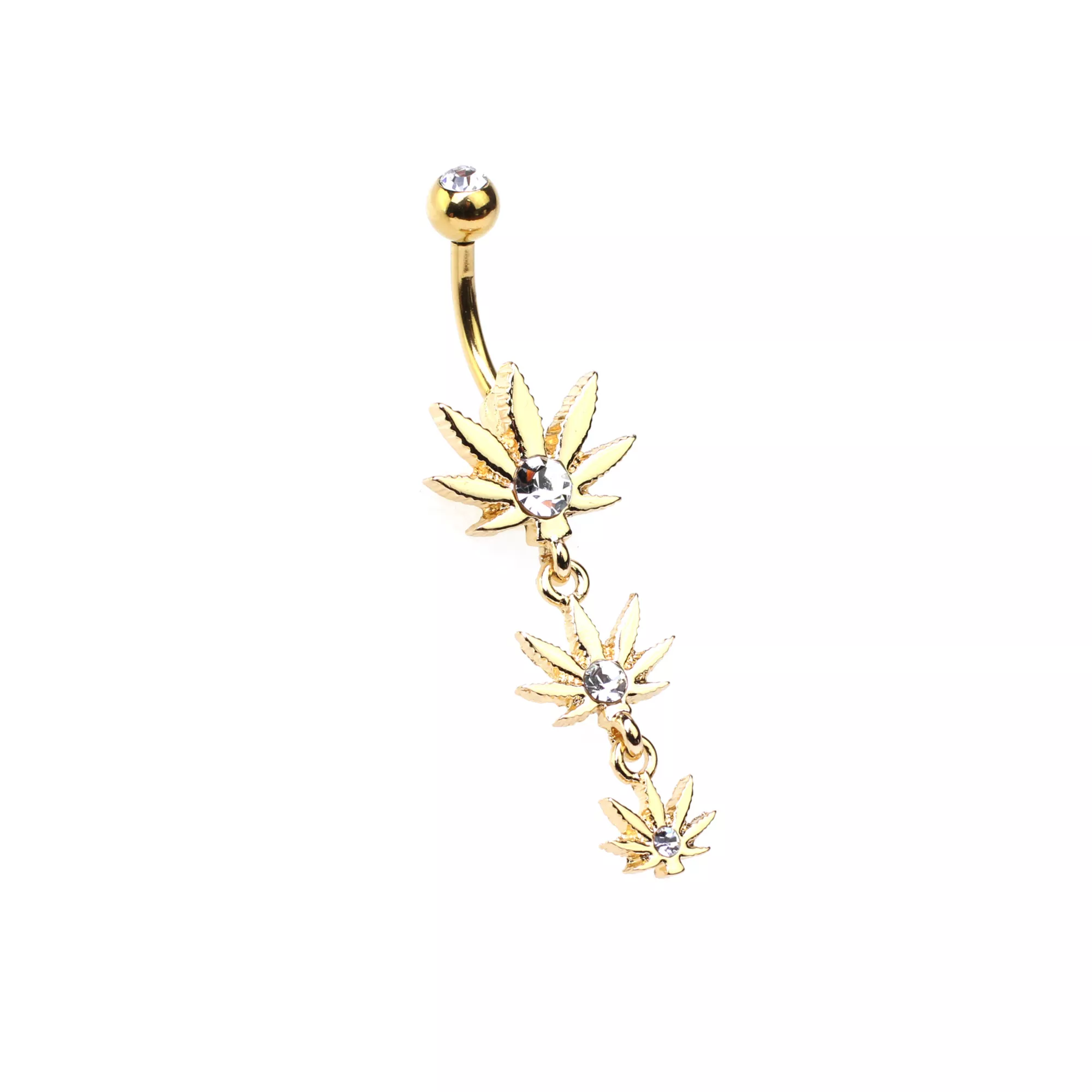 CZ Goldtone Weed Leaf Dangle Belly Ring - 14 Gauge
