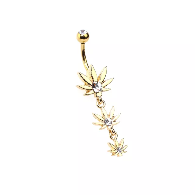 CZ Goldtone Weed Leaf Dangle Belly Ring - 14 Gauge at Spencer's