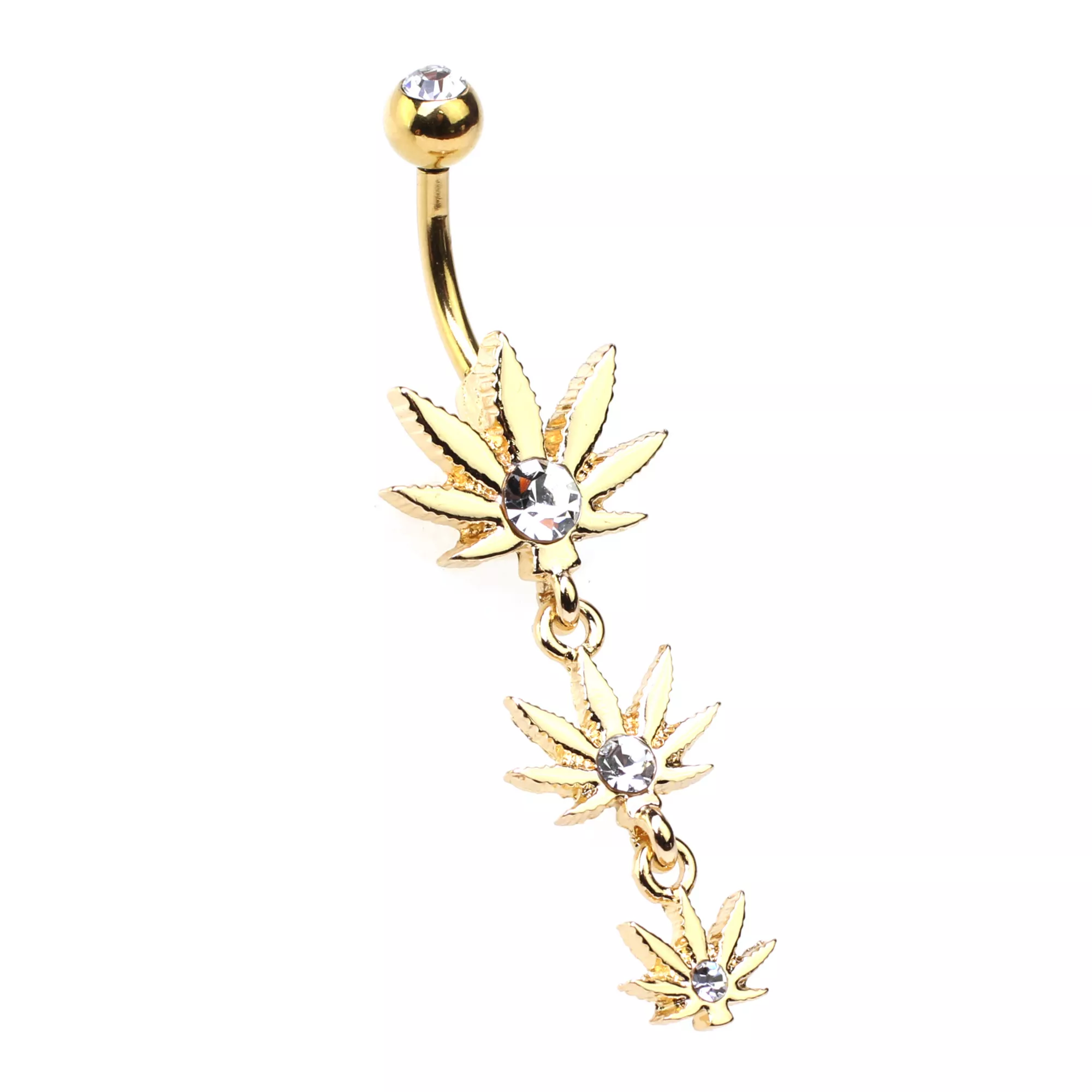 CZ Goldtone Weed Leaf Dangle Belly Ring - 14 Gauge
