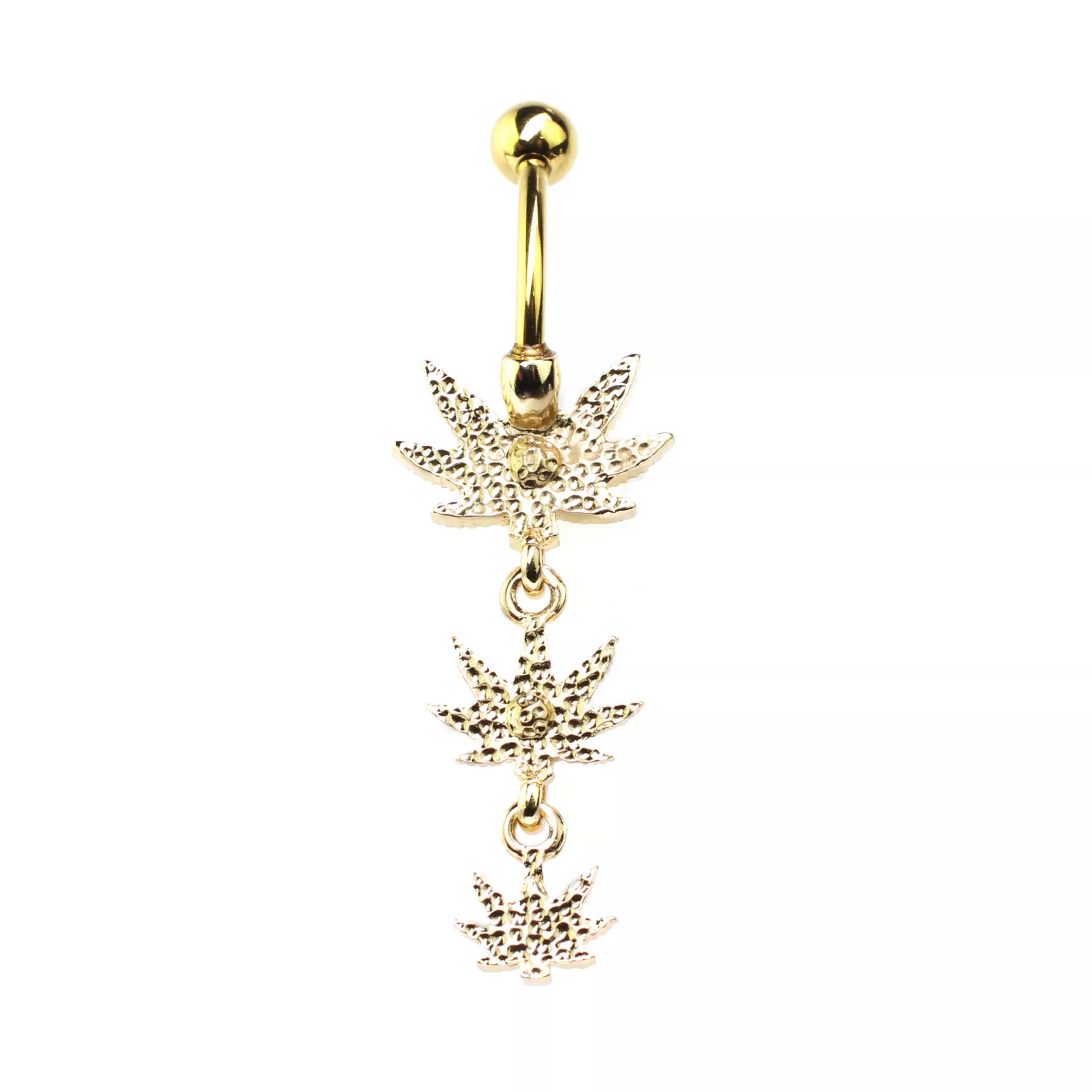CZ Goldtone Weed Leaf Dangle Belly Ring - 14 Gauge