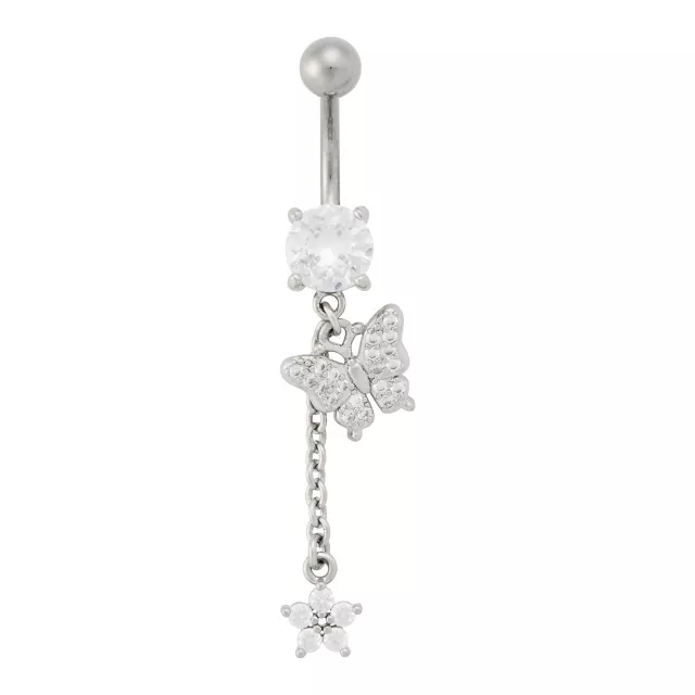 Silver Titanium CZ Butterfly Flower Chain Dangle Belly Ring - 14 Gauge