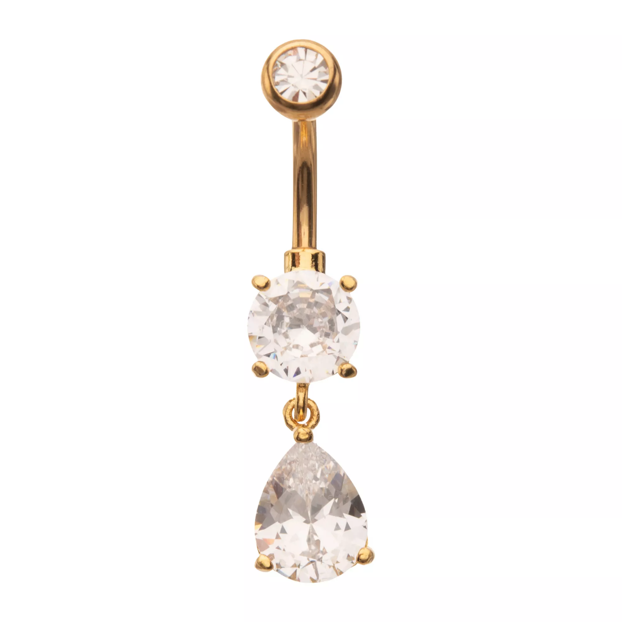 ASTM F-136 Goldtone CZ Teardrop Dangle Belly Ring - 14 Gauge