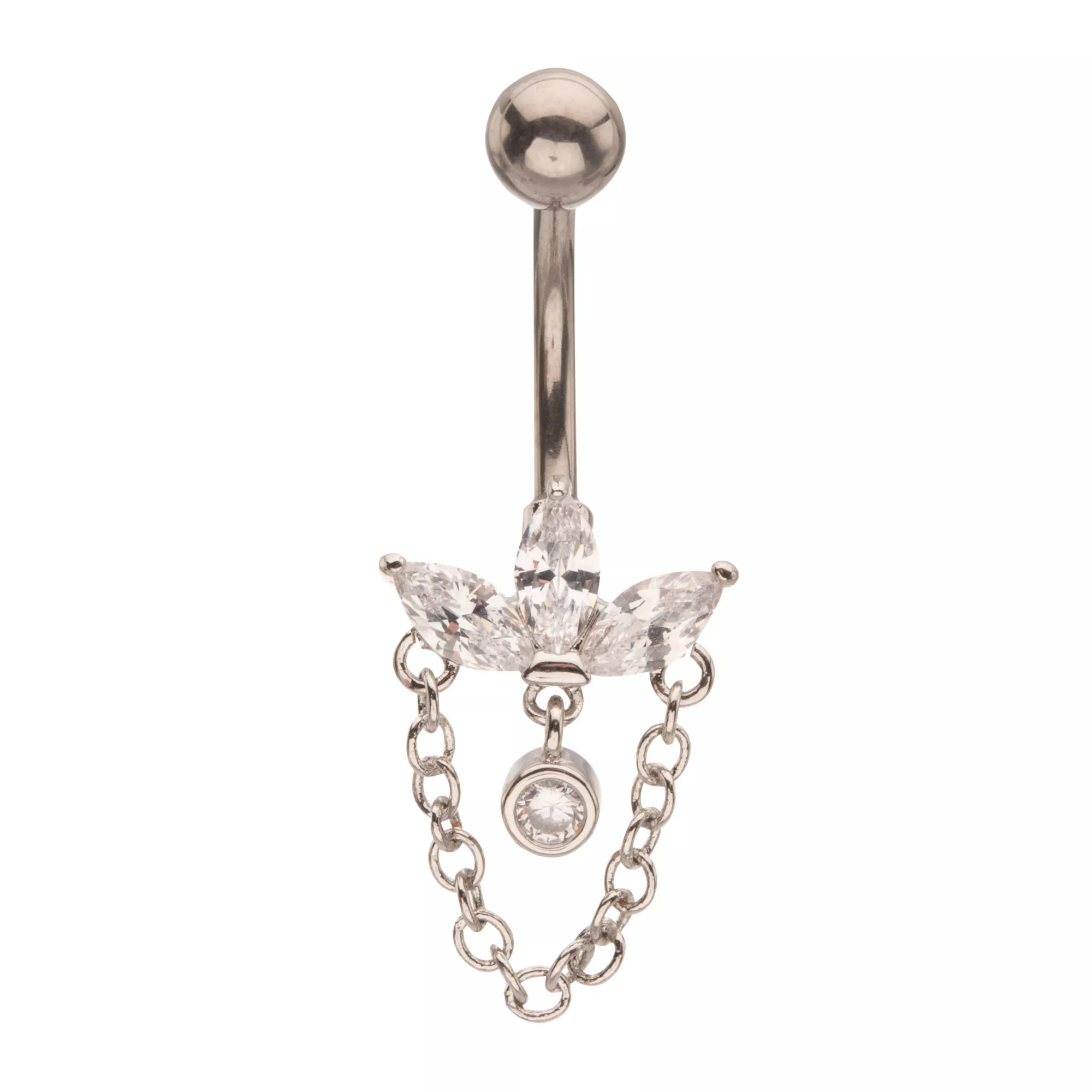 ASTM F-136 Titanium Silvertone CZ Fan Cluster Chain Dangle Belly Ring - 14 Gauge at Spencer's