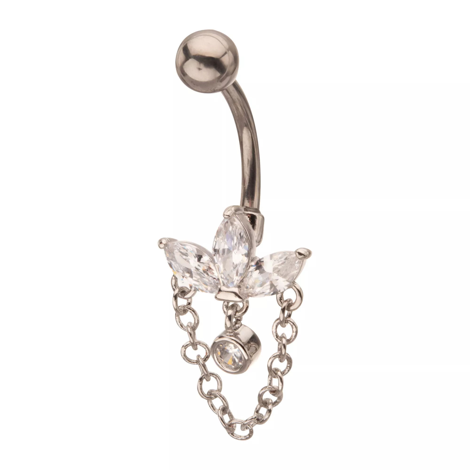 ASTM F-136 Titanium Silvertone CZ Fan Cluster Chain Dangle Belly Ring - 14 Gauge at Spencer's