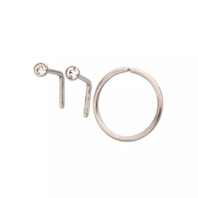 Multi-Pack ASTM F-136 Titanium Round CZ L-Bend Nose Rings and Seamless Hoop Nose Ring 3 Pack - 20 Gauge at Spencer's