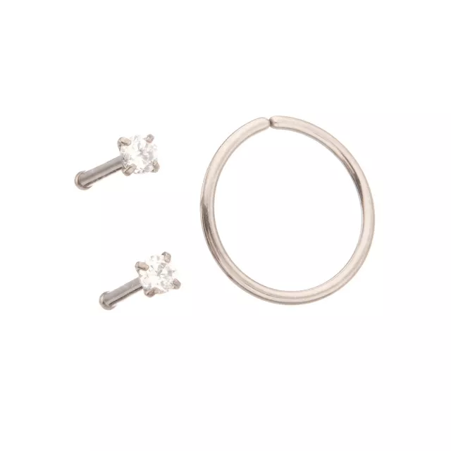 Multi-Pack ASTM F-136 Titanium Prong CZ Nose Pins and Hoop 3 Pack - 20 Gauge at Spencer's