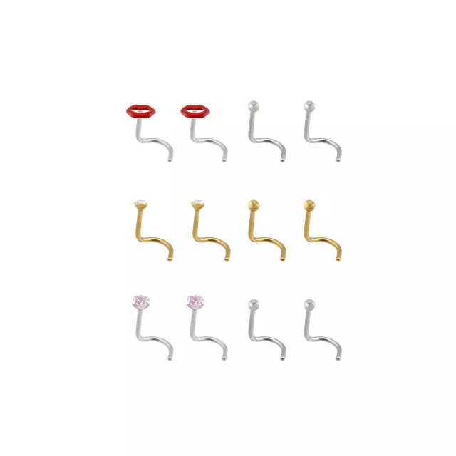 Multi-Pack CZ Lips Titanium Screw Nose Rings 12 Pack - 20 Gauge at Spencer's