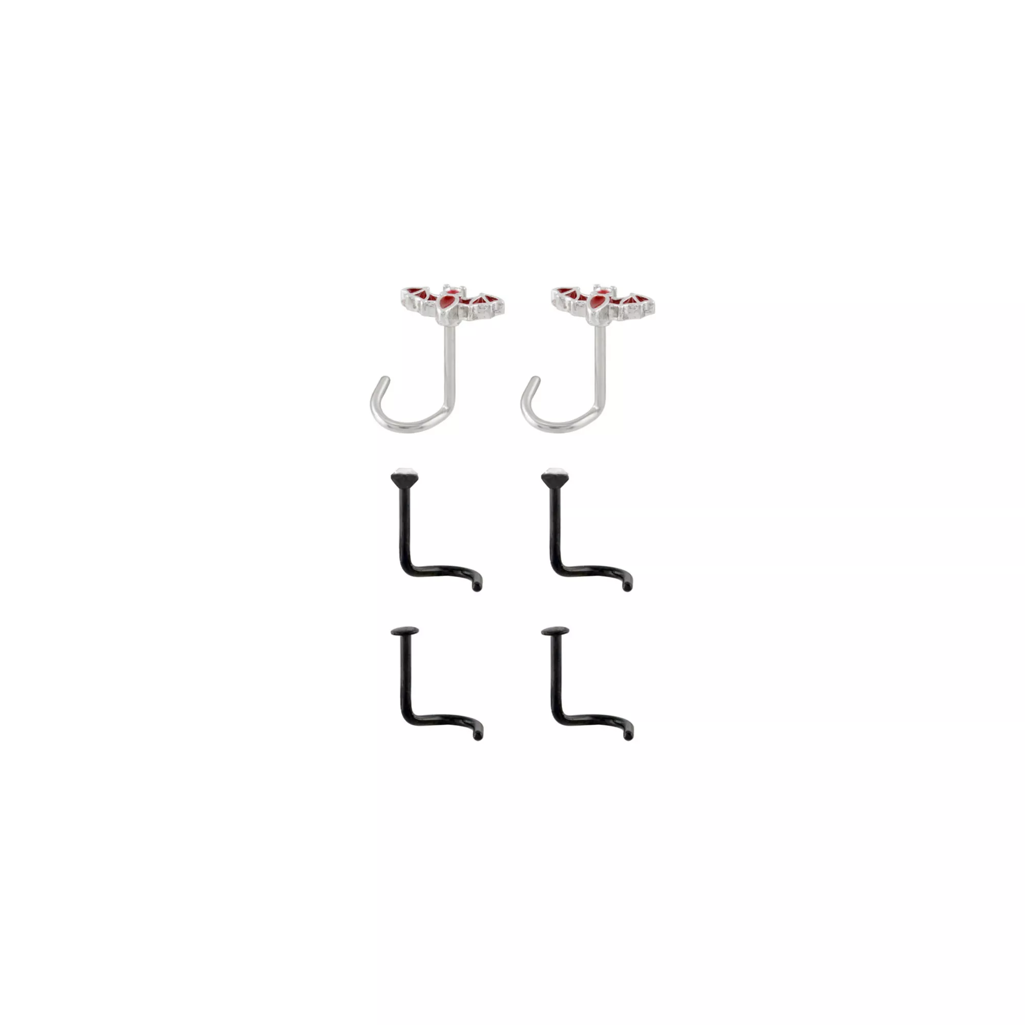 Multi-Pack CZ Titanium Red and Black Bat Screw Nose Rings 6 Pack - 20 Gauge at Spencer's