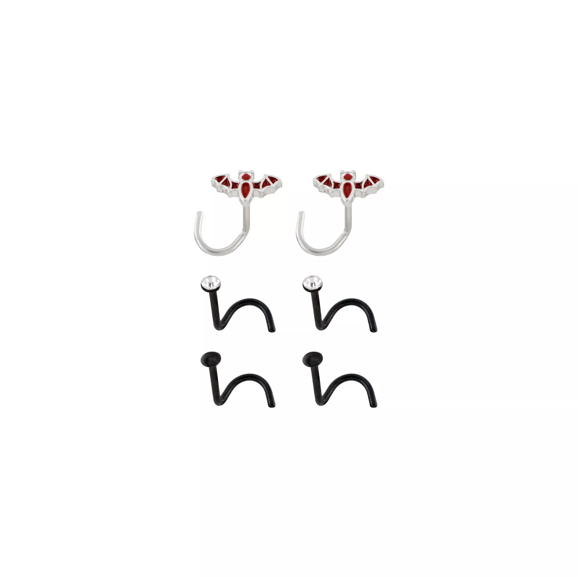 Multi-Pack CZ Titanium Red and Black Bat Screw Nose Rings 6 Pack - 20 Gauge at Spencer's