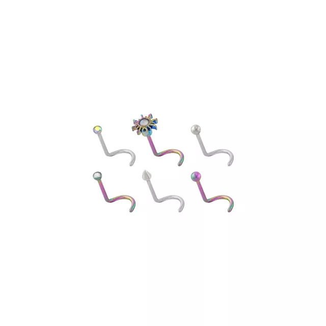 Multi-Pack Titanium Oil Slick Rainbow Sun Screw Nose Rings 6 Pack - 20 Gauge at Spencer's