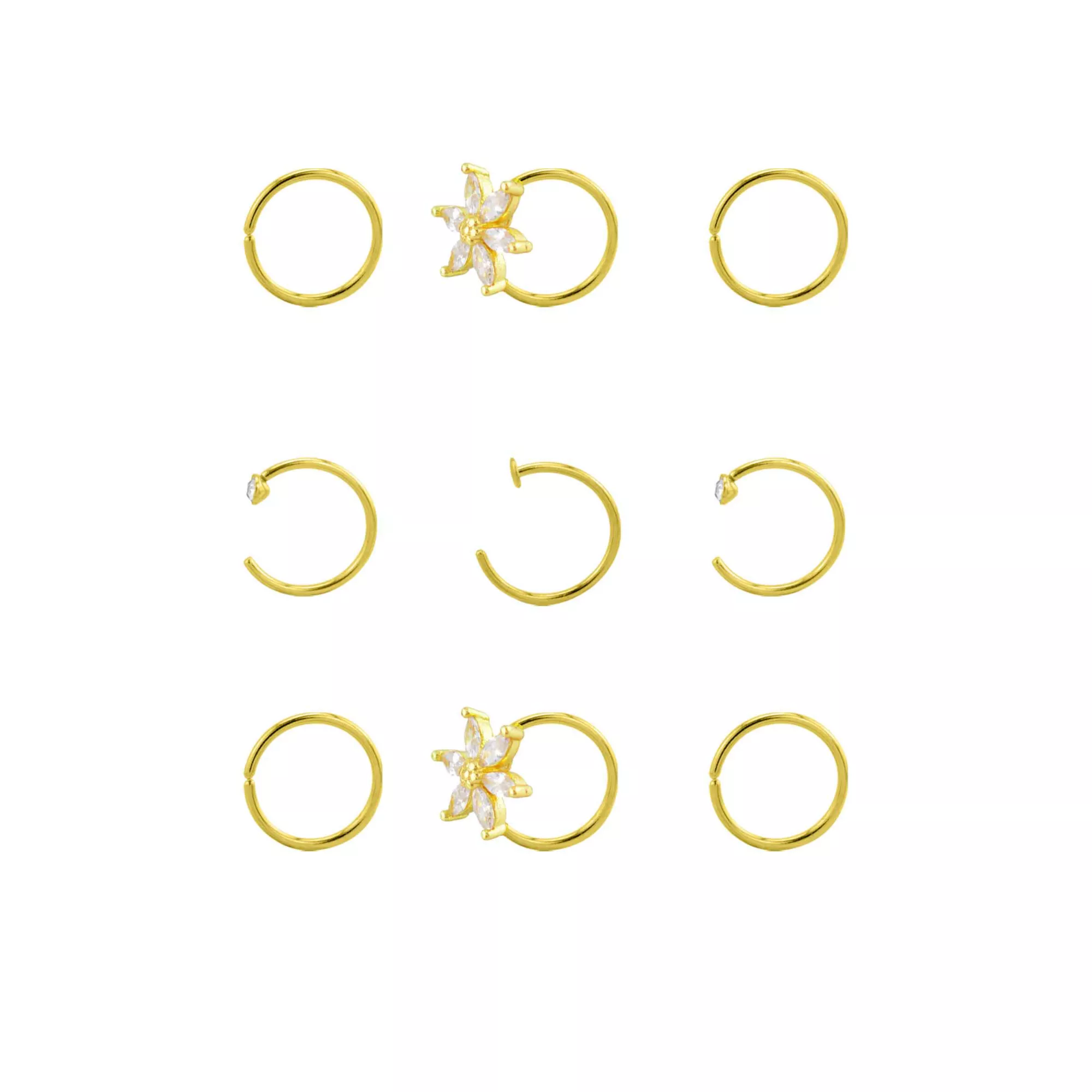 Multi-Pack CZ Flower Titanium Goldtone Hoop Nose Rings 9 Pack - 20 Gauge