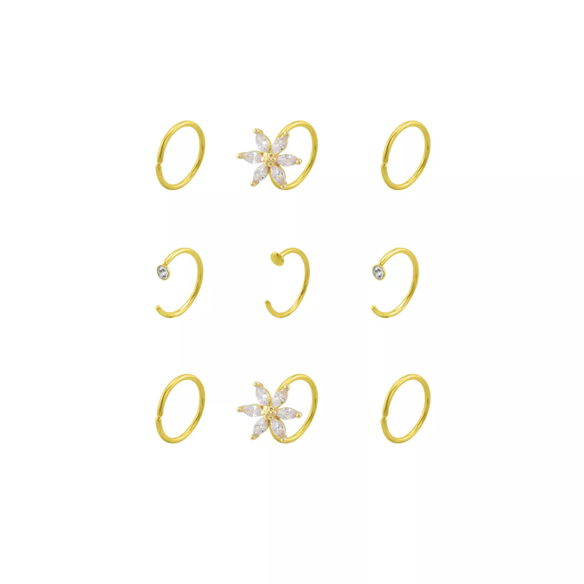 Multi-Pack CZ Flower Titanium Goldtone Hoop Nose Rings 9 Pack - 20 Gauge at Spencer's