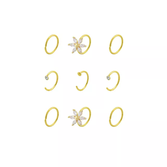 Multi-Pack CZ Flower Titanium Goldtone Hoop Nose Rings 9 Pack - 20 Gauge at Spencer's