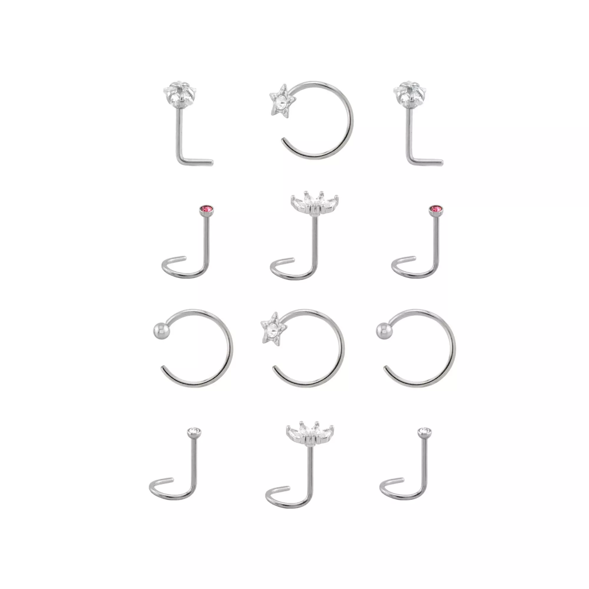 Multi-Pack CZ Screw Horseshoe and L-Bend Nose Rings 12 Pack - 20 Gauge at Spencer's